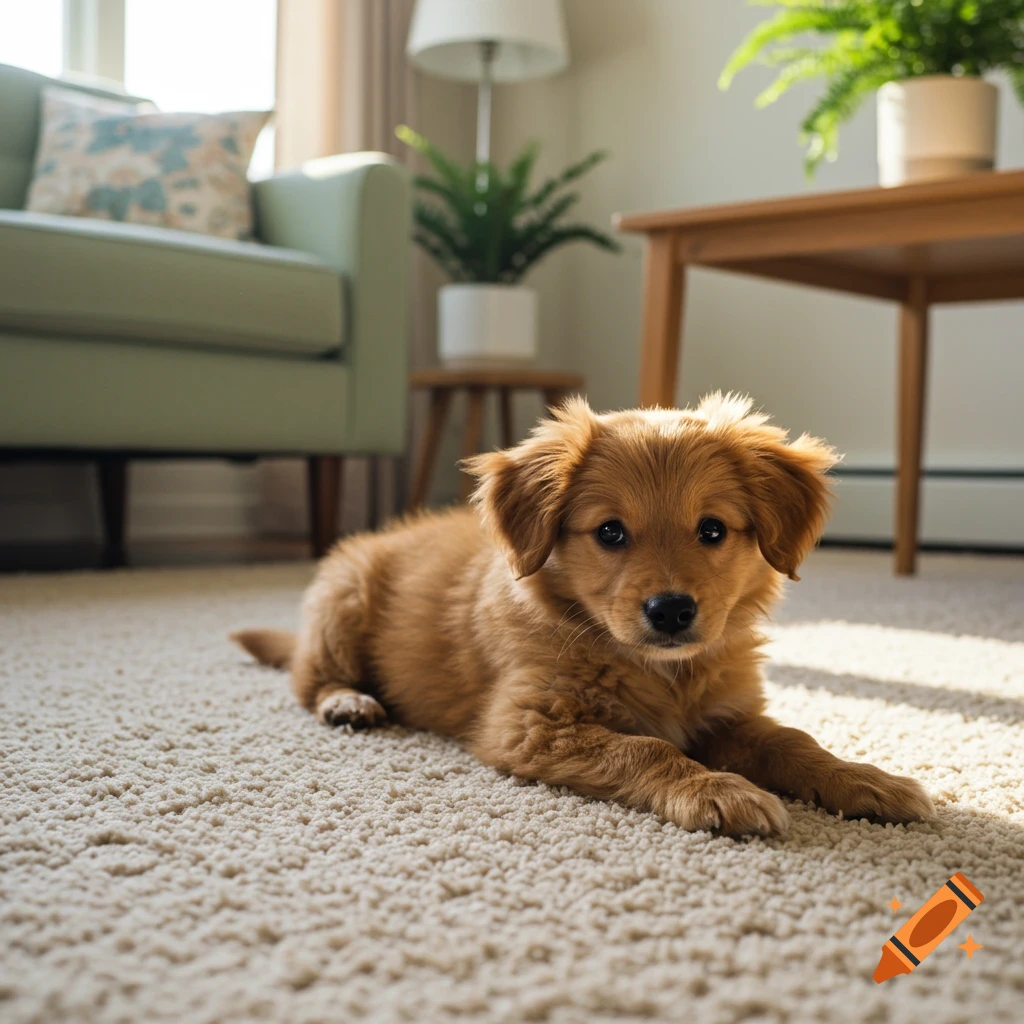 A cute golden-brown puppy lies on a beige carpet in a sunlit living room, looking directly at the viewer.
