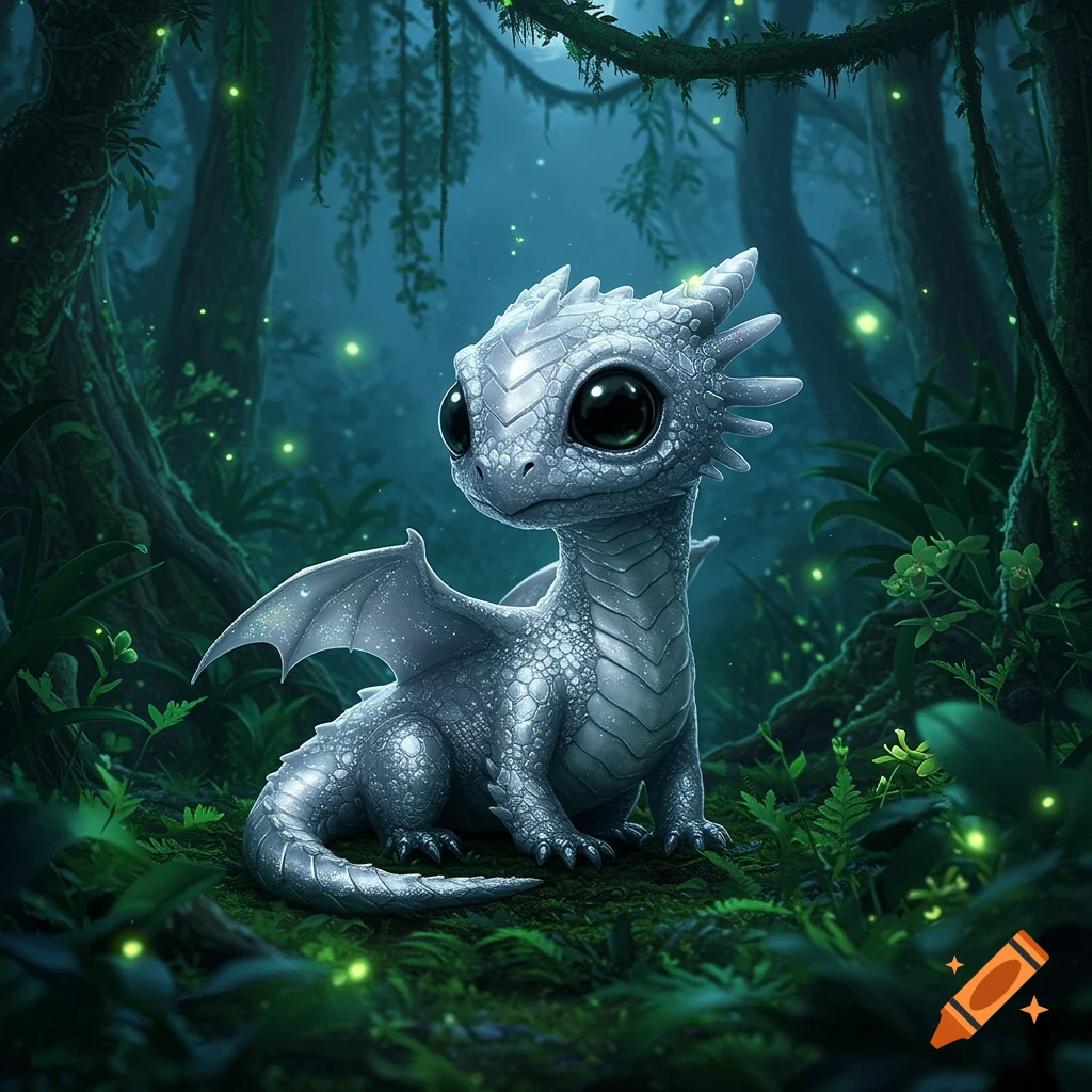 A cute silver baby dragon with large black eyes sits in a mystical, lush green jungle with glowing fireflies.