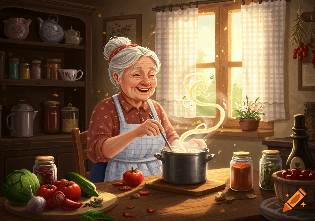 An illustrated old woman happily cooks in a sunny kitchen, stirring a pot on a table with vegetables.