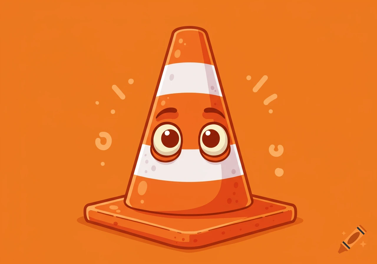 A cartoon traffic cone with big, expressive eyes on a solid orange background.