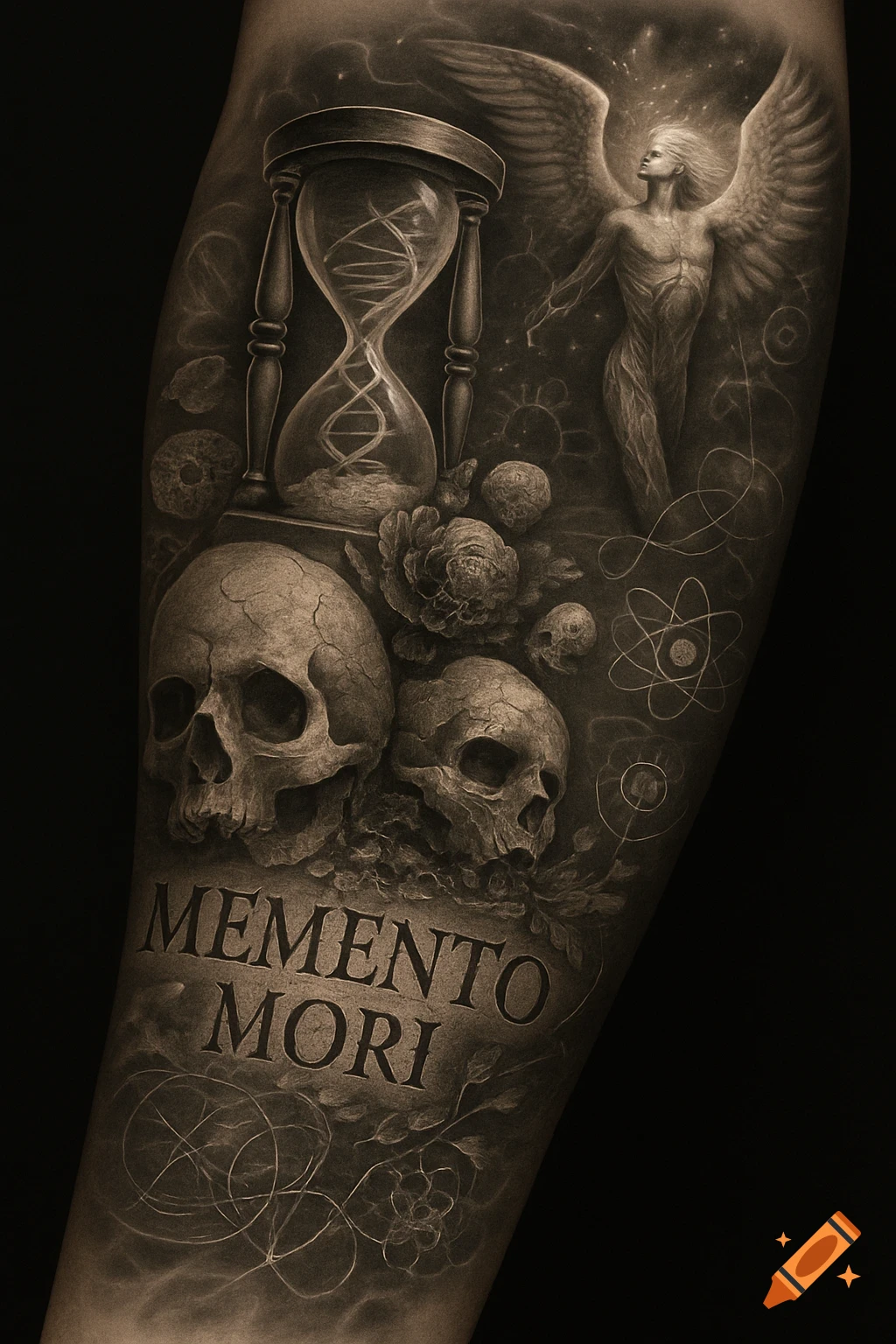 A black and grey full-arm tattoo sleeve featuring skulls, an hourglass with DNA strands, an angelic figure with wings, and the words "MEMENTO MORI" carved into a stone-like surface.