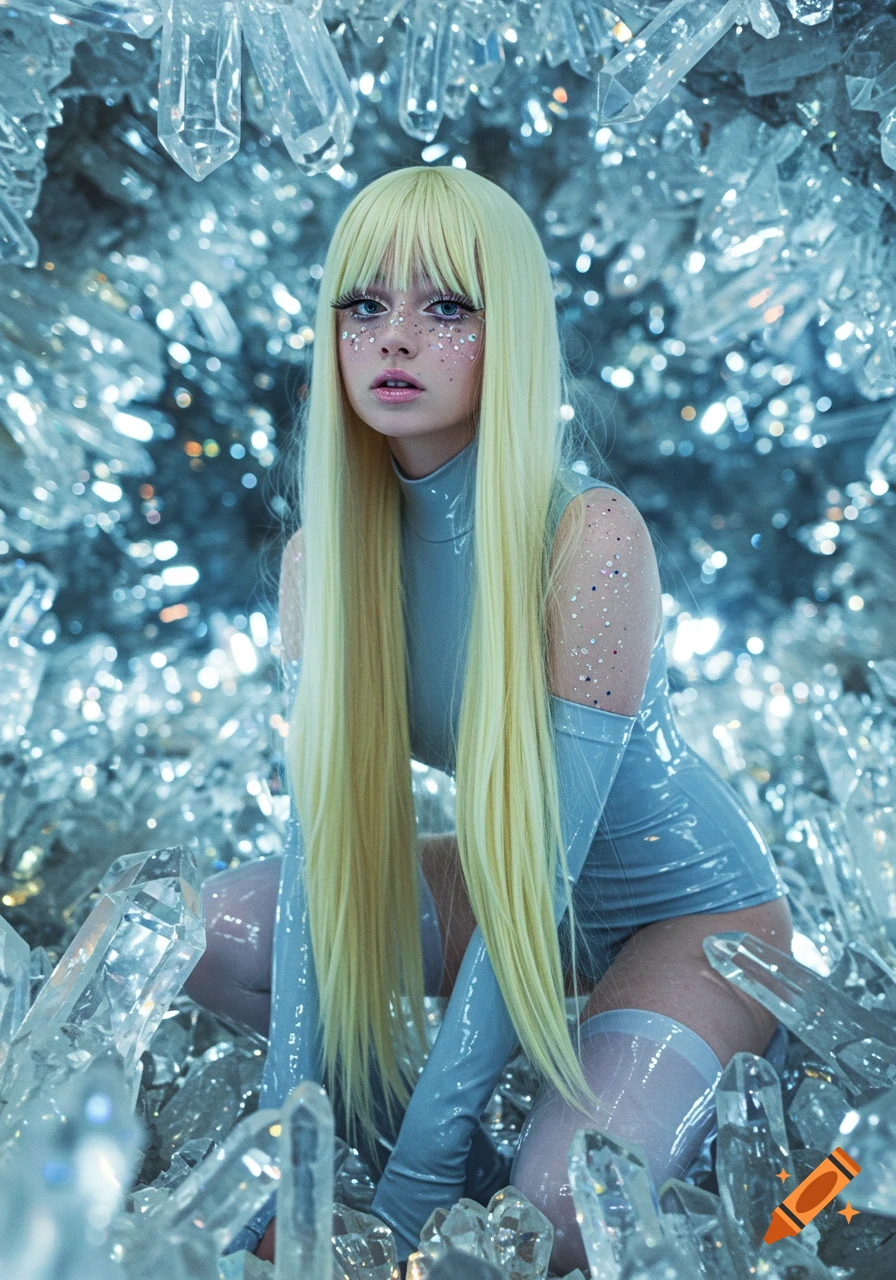 A woman with long blonde hair in a futuristic blue outfit and stockings crouches among sparkling crystals in a cavern.