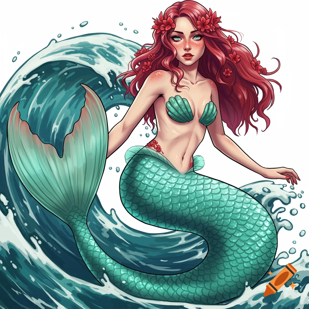 A vibrant illustration of a red-haired mermaid with a teal tail and seashell top, adorned with red flowers in her hair, surrounded by swirling waves.