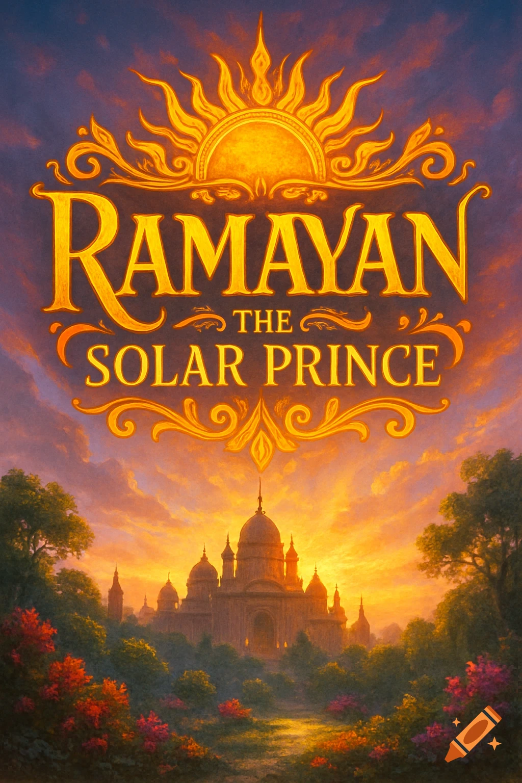 An ornate golden sun symbol and text 'RAMAYAN THE SOLAR PRINCE' above a majestic palace surrounded by trees at sunset.