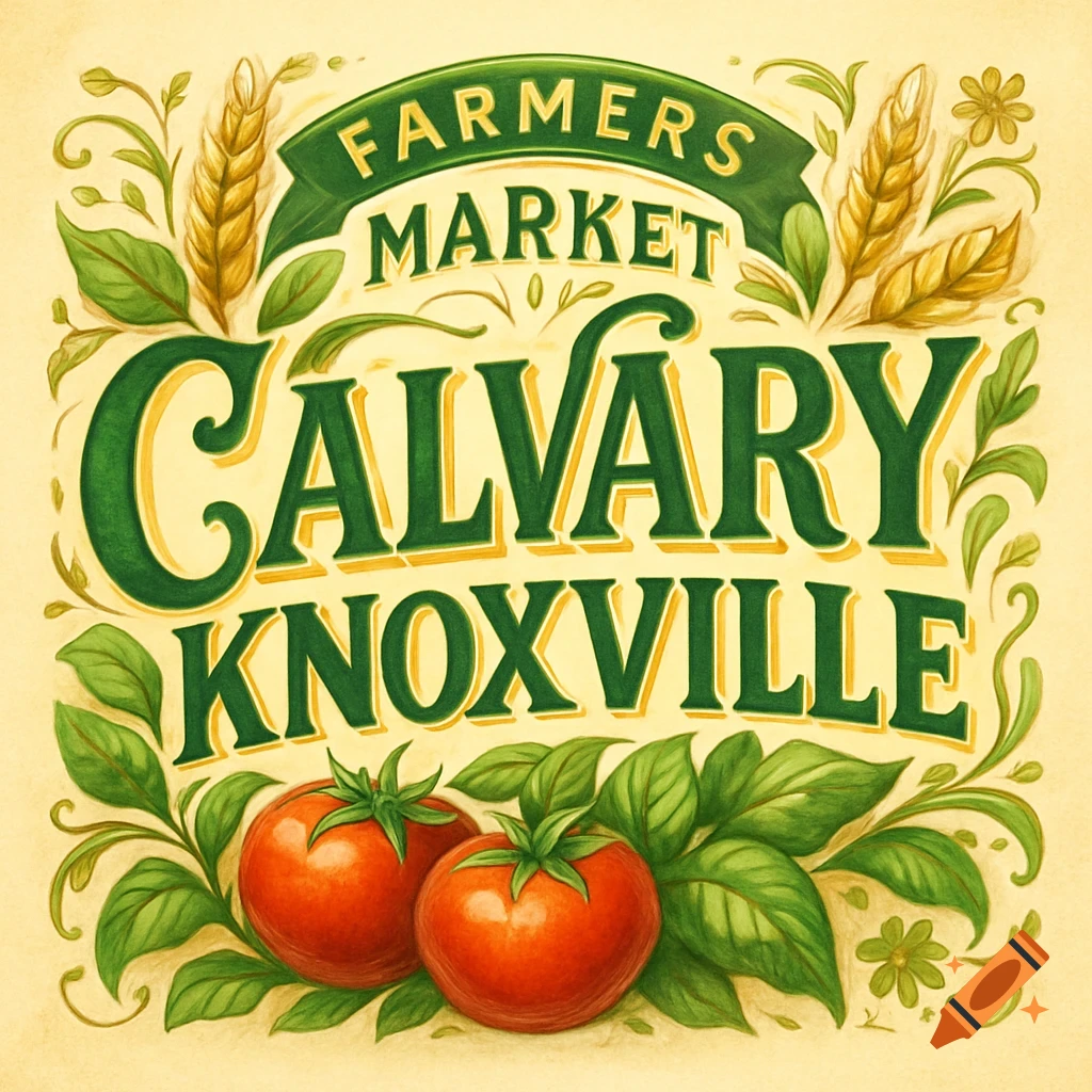 A green and yellow farmers market logo with a banner reading 'FARMERS MARKET' and 'CALVARY KNOXVILLE', surrounded by leaves, wheat, and tomatoes.