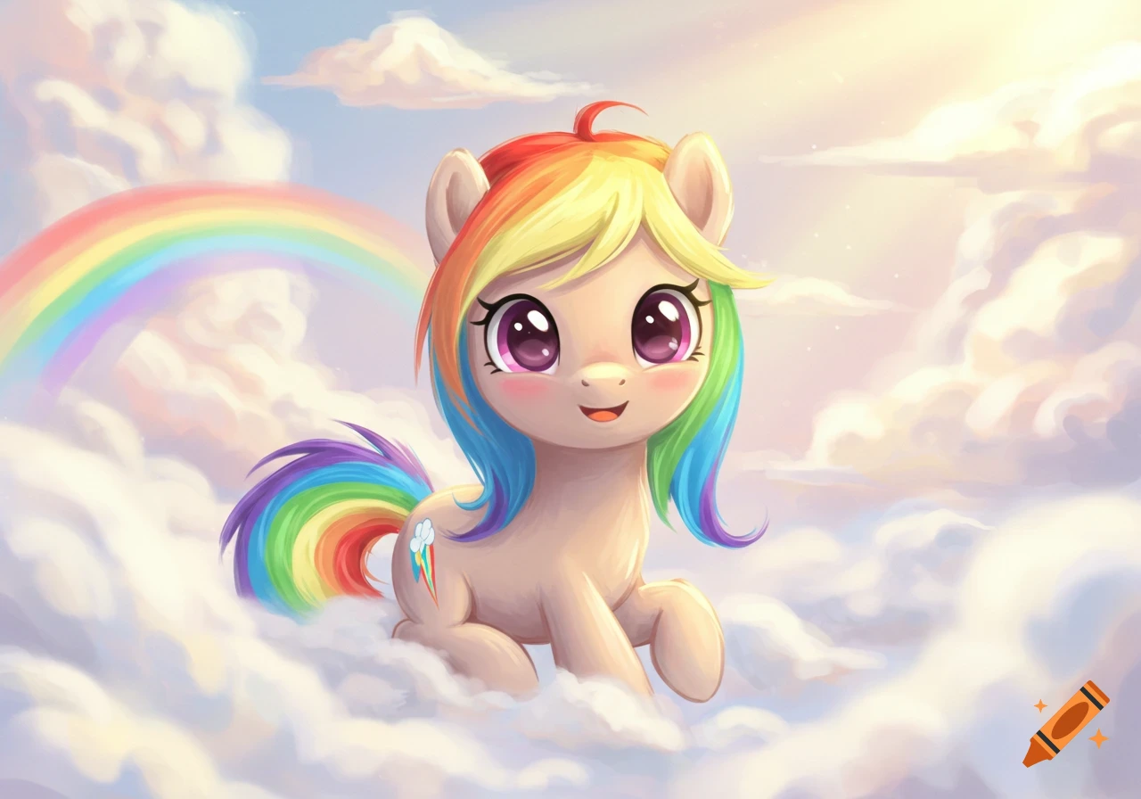 A cute, chibi-style rainbow pony with a colorful mane and tail sits on fluffy clouds under a bright sky with a rainbow.