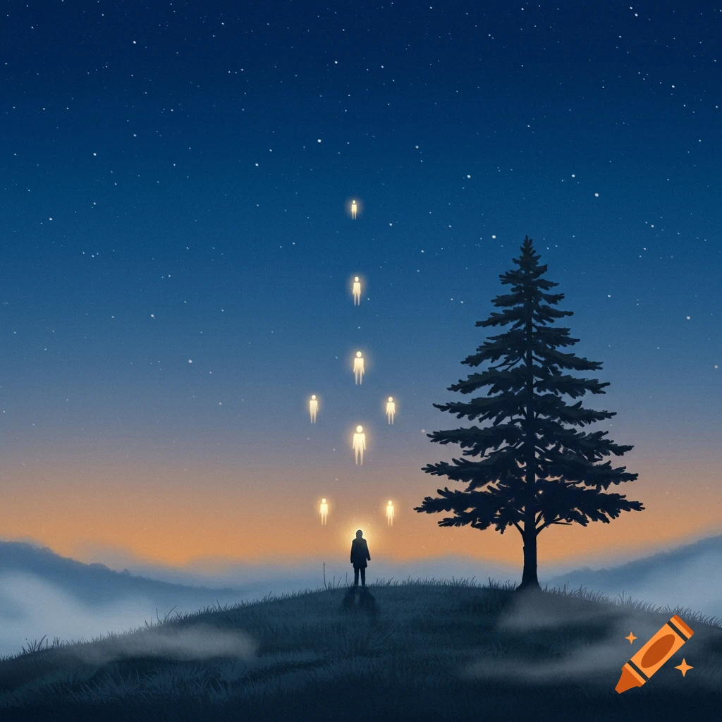 A lone figure on a hill watches glowing human-like spirits ascend into a starry twilight sky next to a pine tree.
