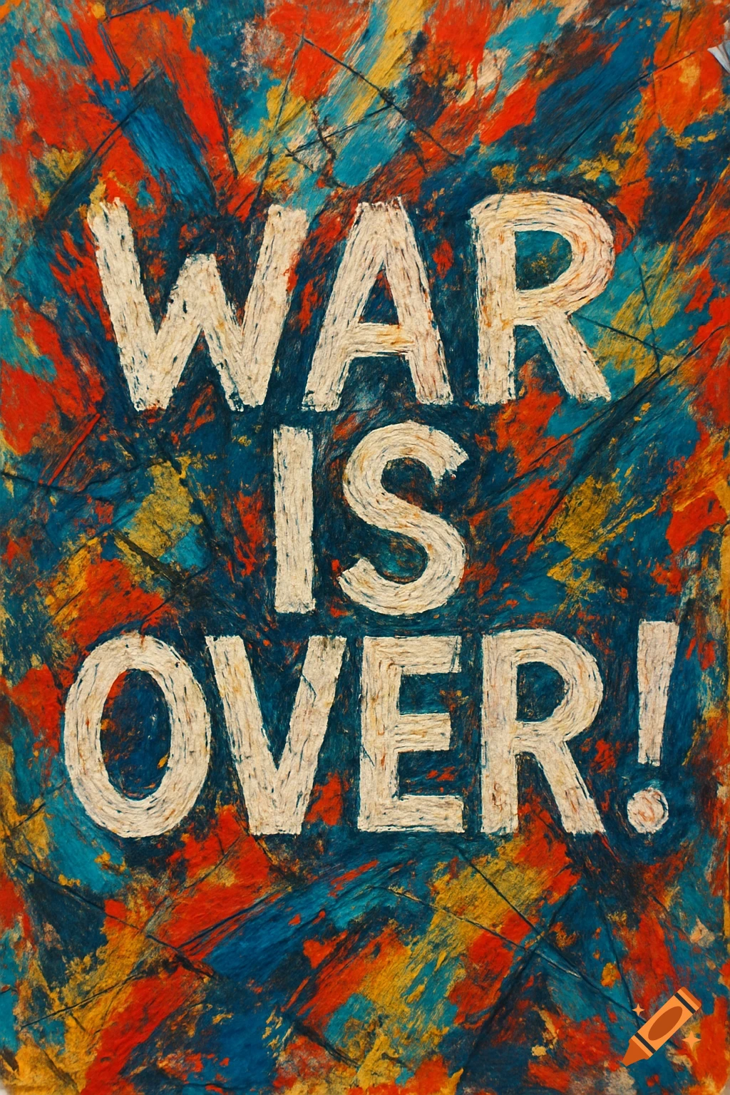 Abstract poster with white text 'WAR IS OVER!' on a textured background of red, blue, and yellow brushstrokes.