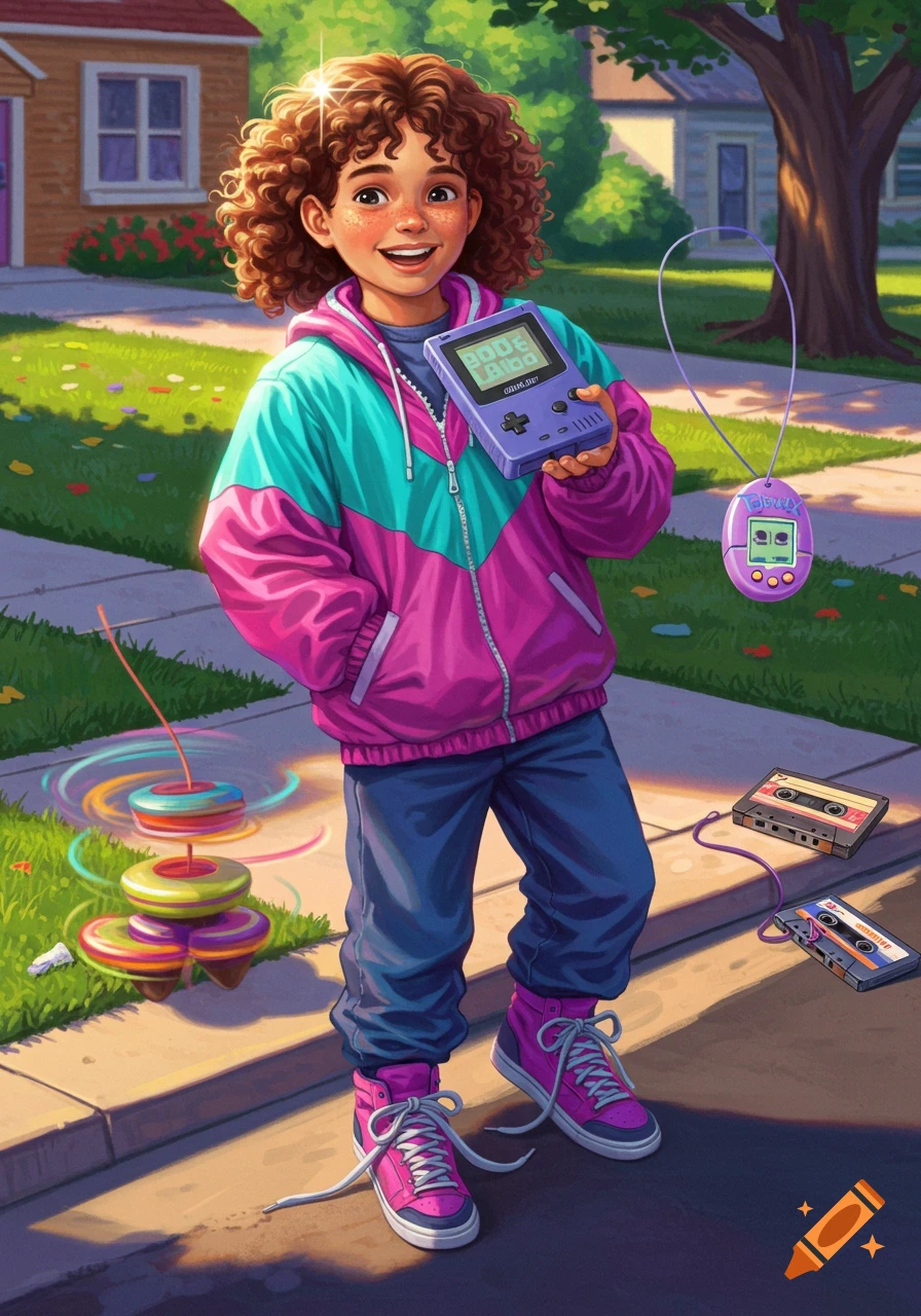 Smiling kid in 90s fashion holding a Game Boy, with a spinning top, cassettes, and a Tamagotchi on a sunny sidewalk.