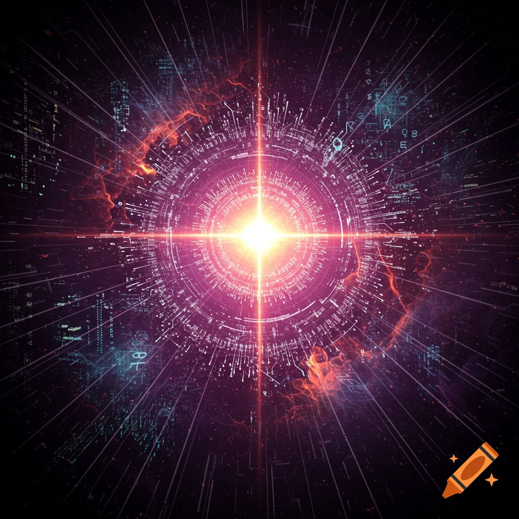A bright glowing orb at the center of a complex digital network with radiating lines and abstract symbols against a dark background.