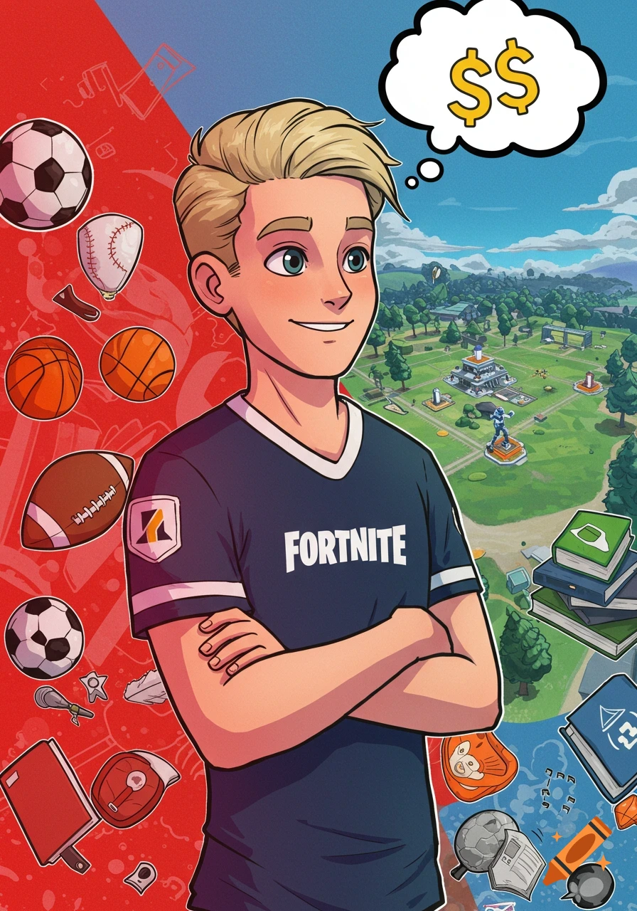 Cartoon boy in a Fortnite shirt with crossed arms, dreaming of money. Surrounded by sports equipment and a game map.