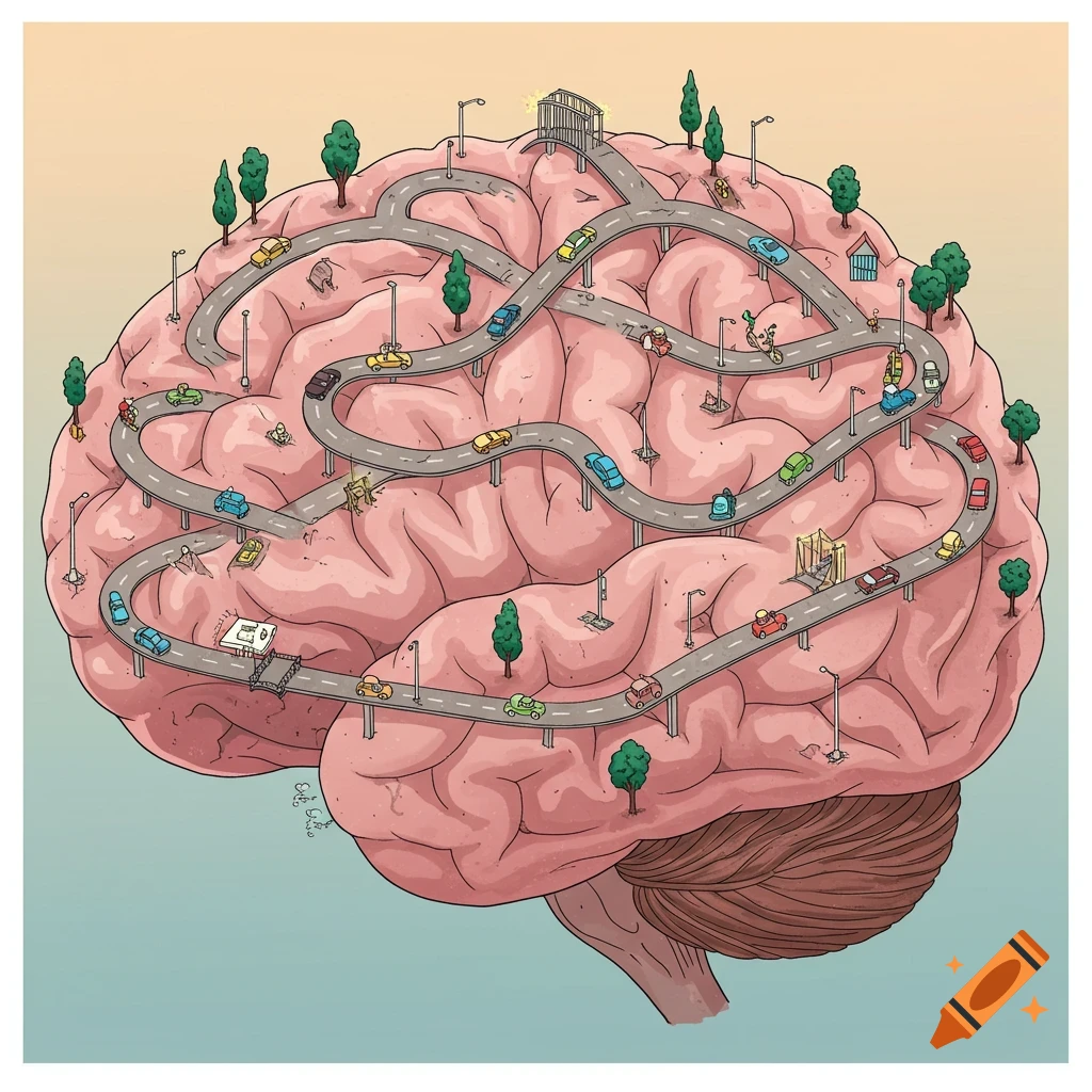 A cartoon illustration of a human brain with winding roads, cars, trees, and small structures on its surface.
