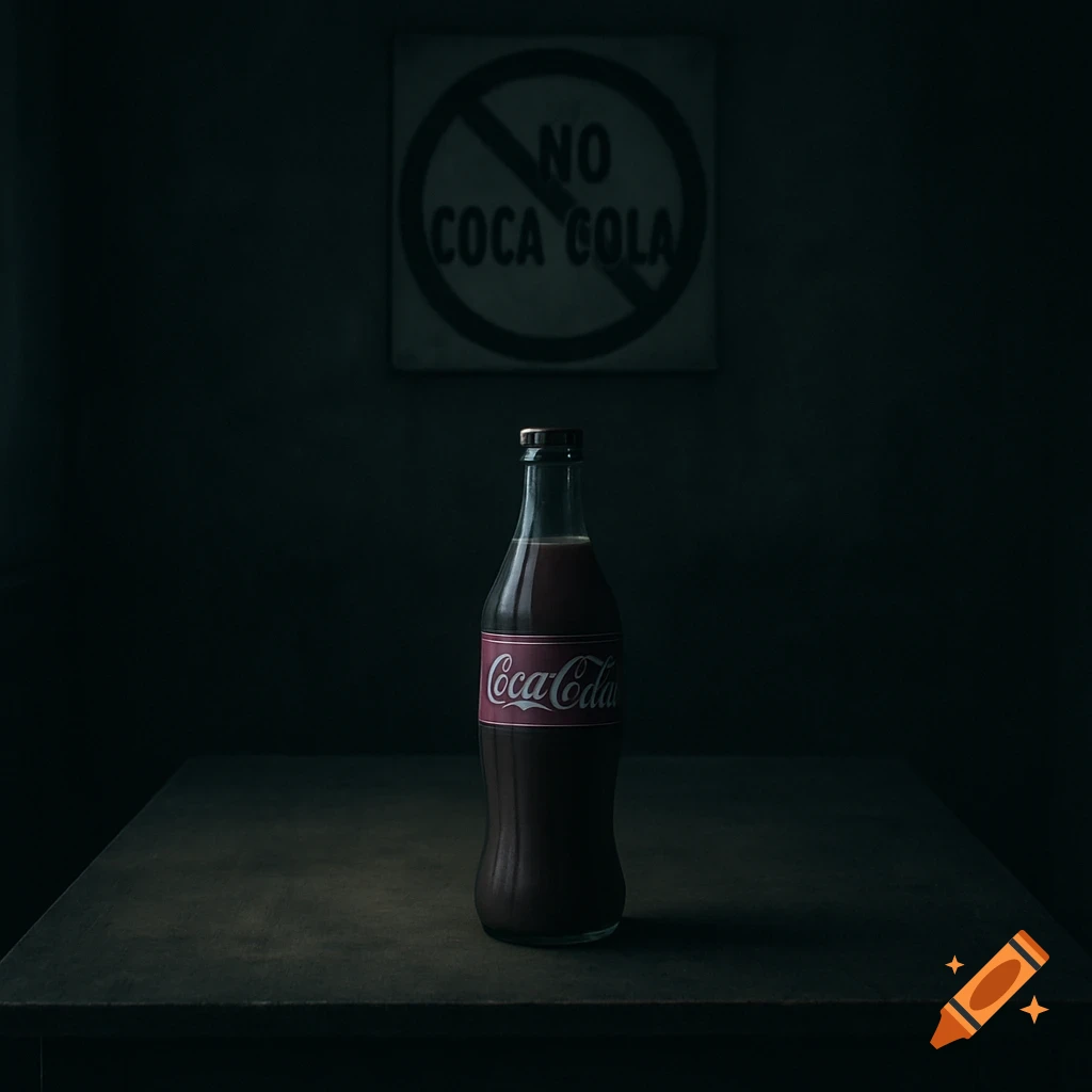 A Coca-Cola bottle with burgundy liquid sits on a dark table, with a 'No Coca-Cola' sign behind it in a gloomy room.