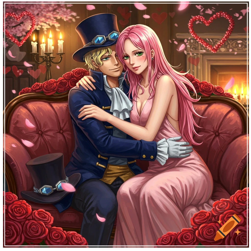 Sabo from One Piece cuddling a woman with pink hair on a red sofa, surrounded by roses and hearts, in an anime style.