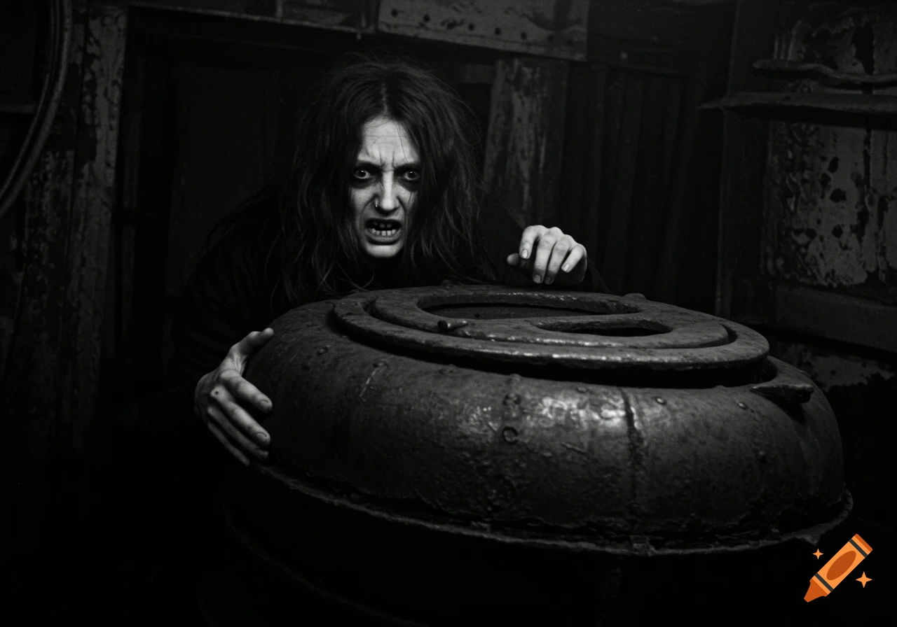 A black and white photo of a scary woman with messy hair and wide, dark eyes, baring her teeth as she clutches a large, rusty metal submarine hatch in a dark, grimy room.