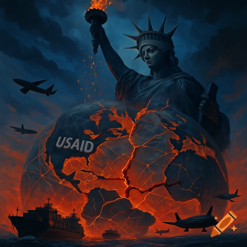 Statue of Liberty holding a torch over a fiery, cracked globe with 'USAID' text, surrounded by planes and ships.