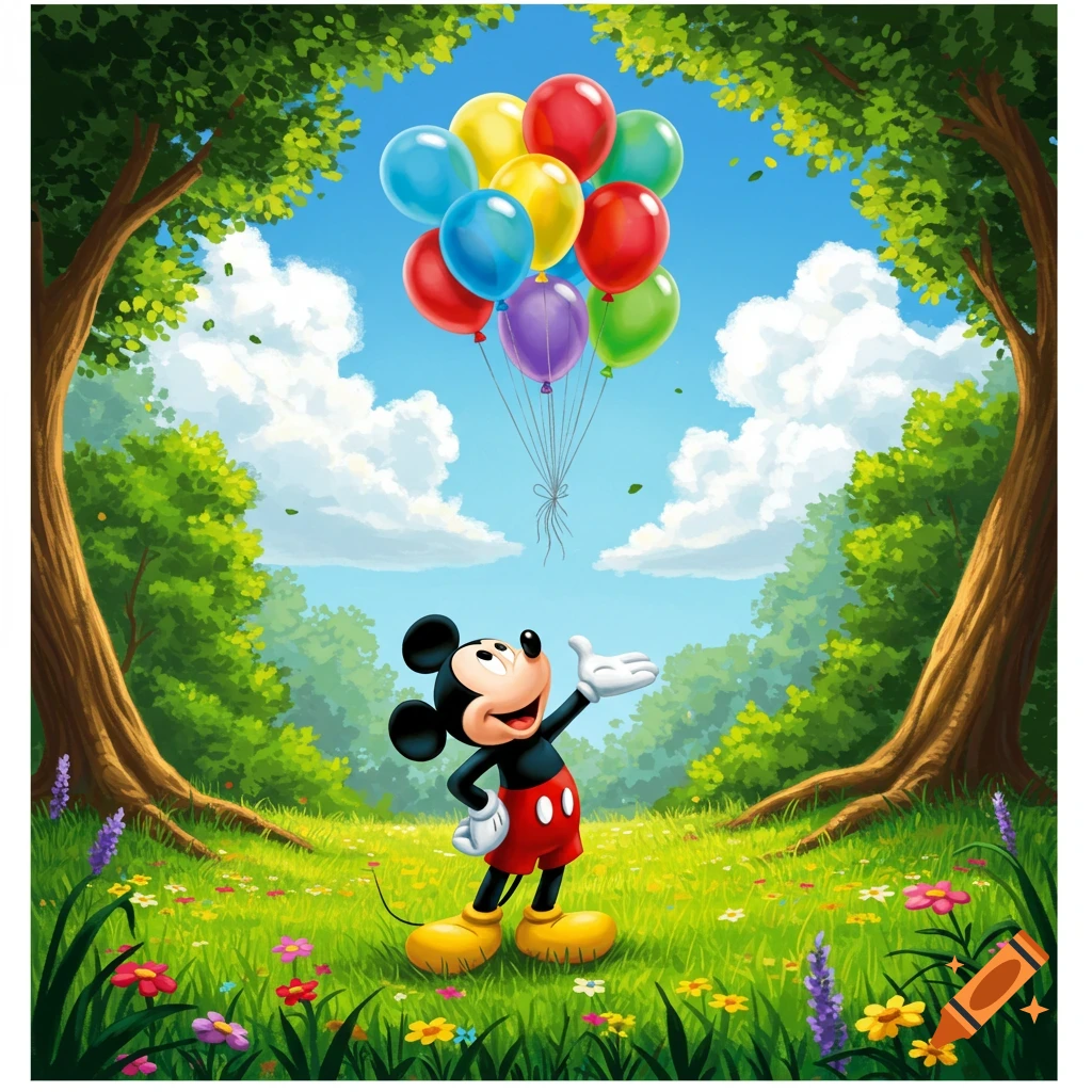 Mickey Mouse stands in a green, flowery field, looking up at colorful balloons ascending into a blue sky with clouds and trees. Cartoon style.
