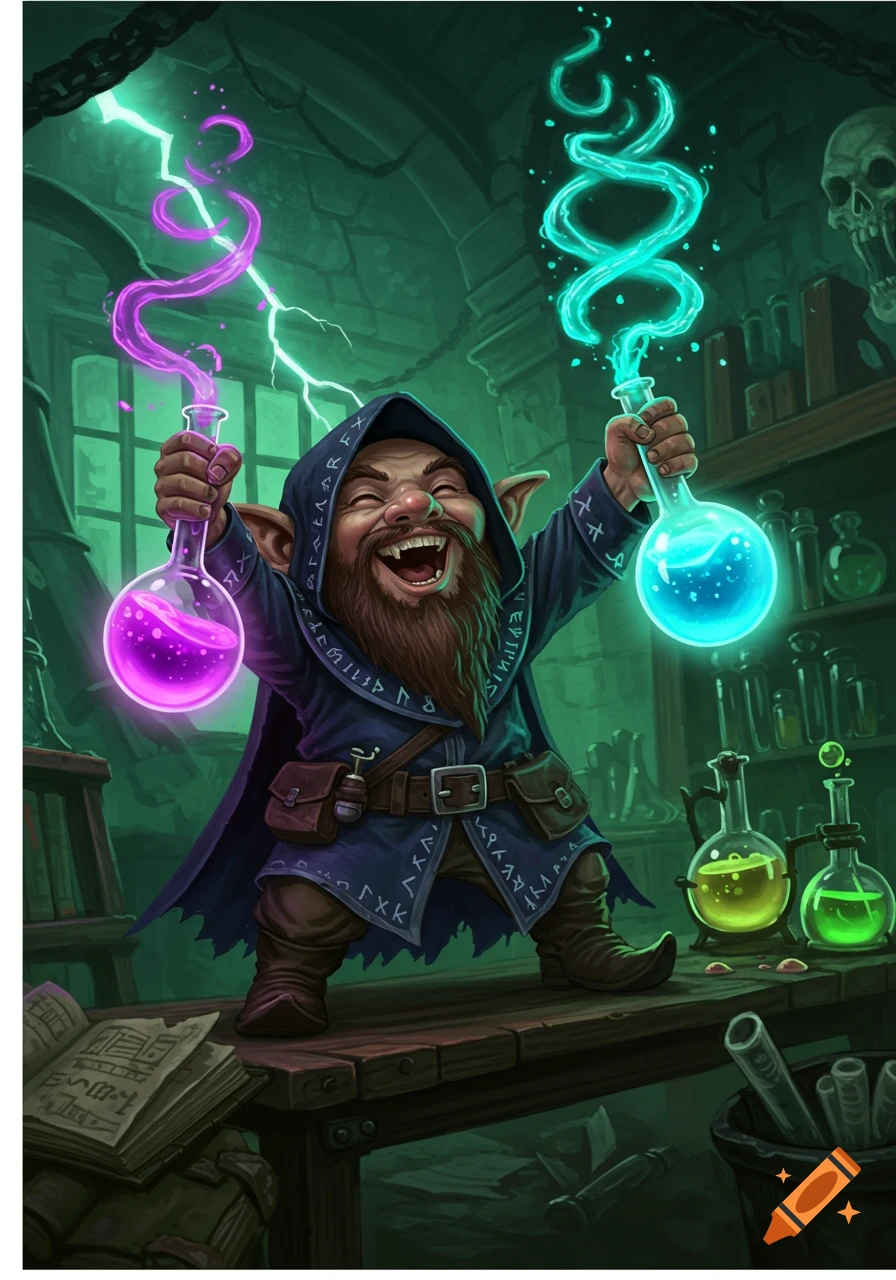 A happy gnome warlock cackles while holding two glowing test tubes with purple and blue liquids in a dimly lit laboratory.