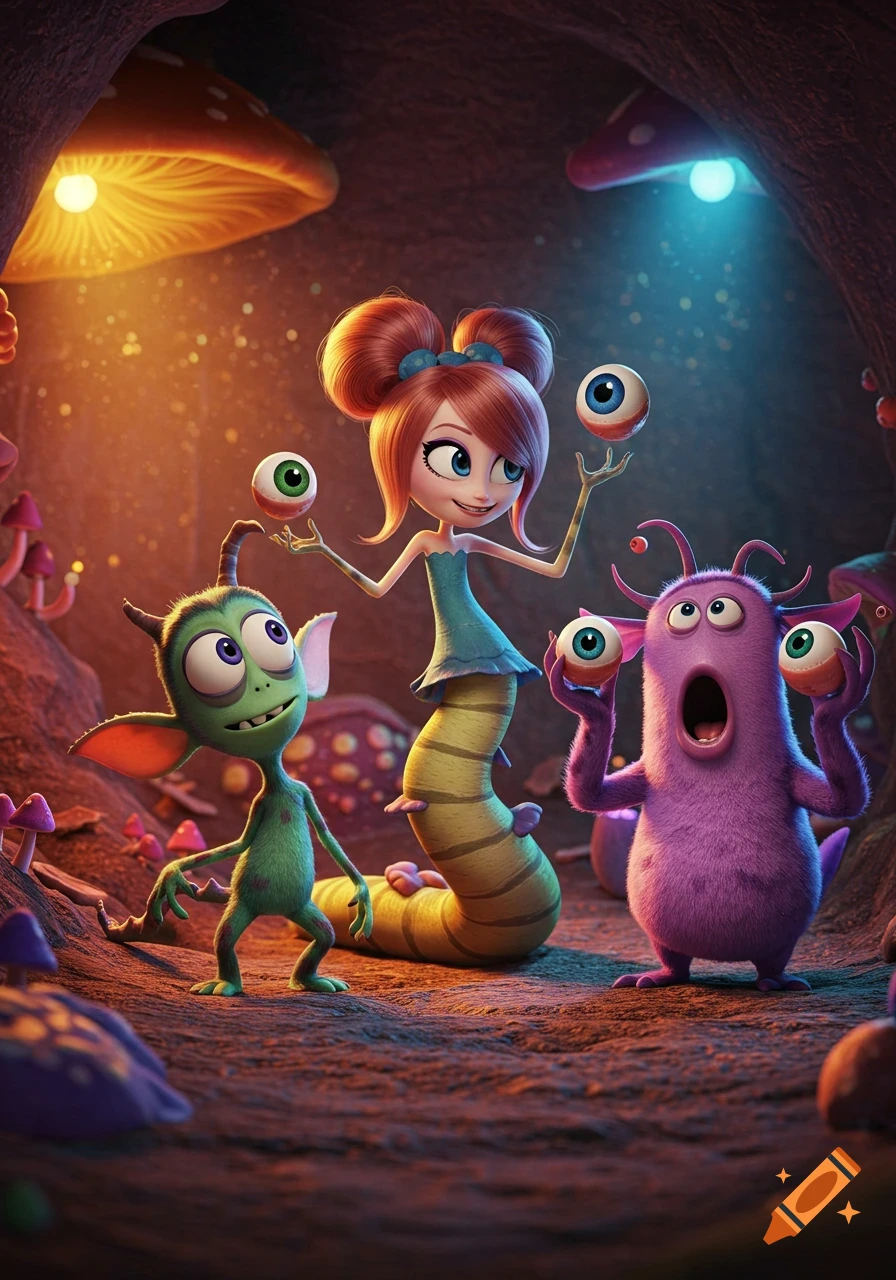 Pixar-style animation of three monsters: a girl with a worm body, a green creature, and a purple furry monster, in a glowing mushroom cave.