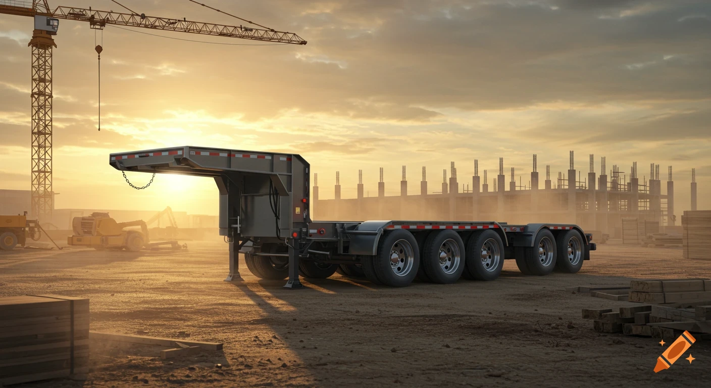 A photorealistic image of a flatbed gooseneck trailer at a dusty construction site with a crane under a golden sunset.