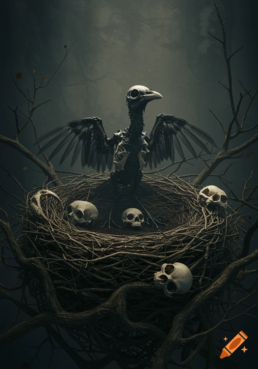 A skeletal blackbird with spread wings sits in a nest made of branches, surrounded by several skulls, in a dark, hyperrealistic style.