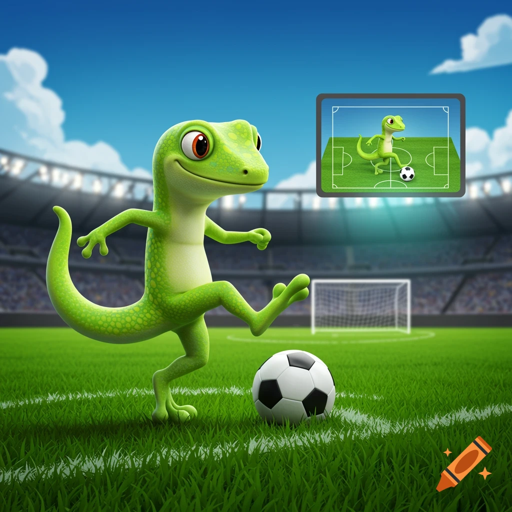 A green cartoon gecko kicks a soccer ball on a stadium field, with a screen showing a miniature version of the scene in the corner.
