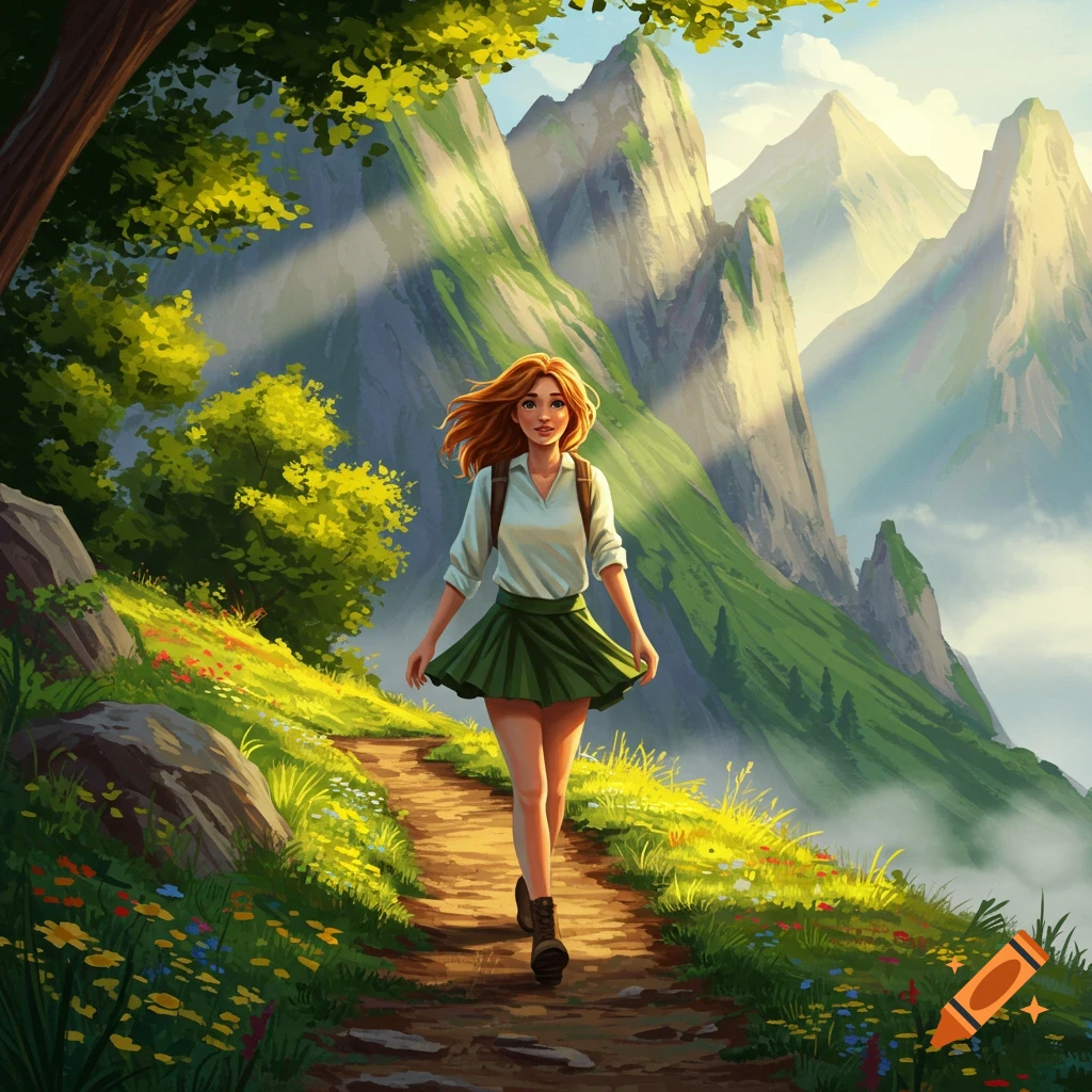 A young woman with red hair hikes on a sunlit mountain trail with green slopes and distant peaks.
