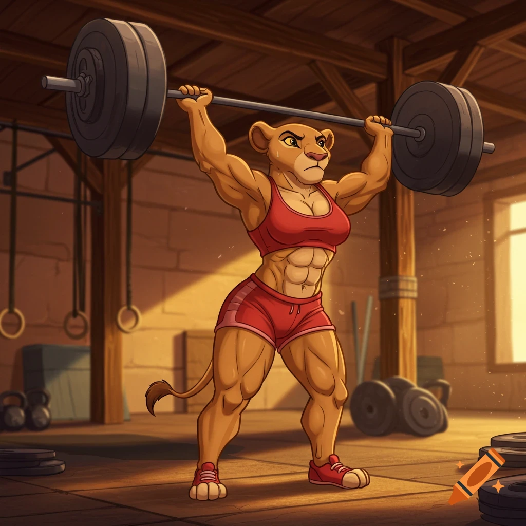 Muscular anthropomorphic lioness in red sportswear lifts a barbell overhead in a gym, Disney animation style.
