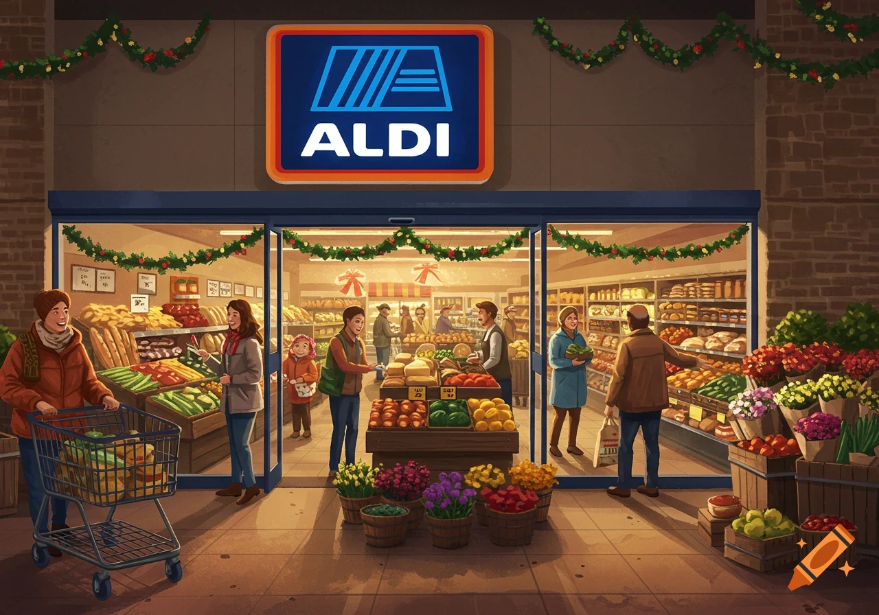 An inviting Aldi grocery store entrance at night, adorned with festive garlands, with customers shopping inside and outside.
