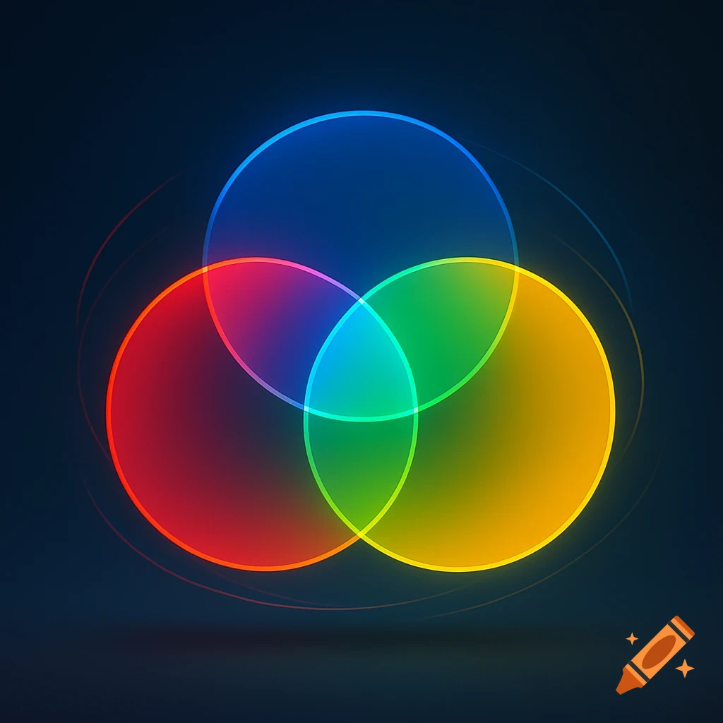 Three glowing overlapping circles in red, blue, and green on a dark background, forming a colorful Venn diagram.