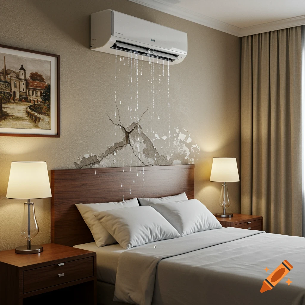 A hyper-realistic image of a modern hotel room with an AC unit leaking water, causing severe cracks and peeling paint on the wall.