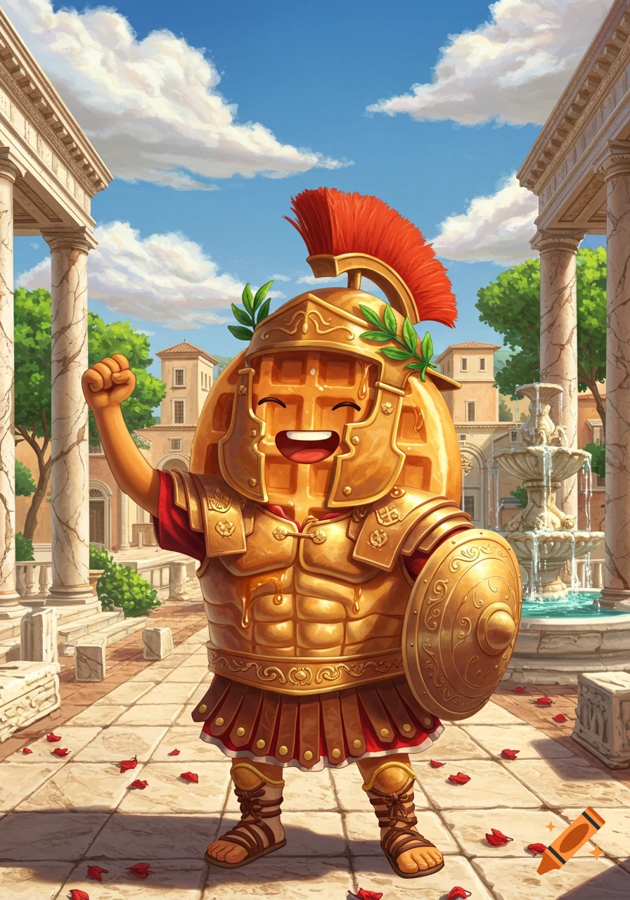A happy, anthropomorphic waffle character dressed in shining golden Roman armor with a shield and red plume, standing in an ancient Roman setting with columns and a fountain.