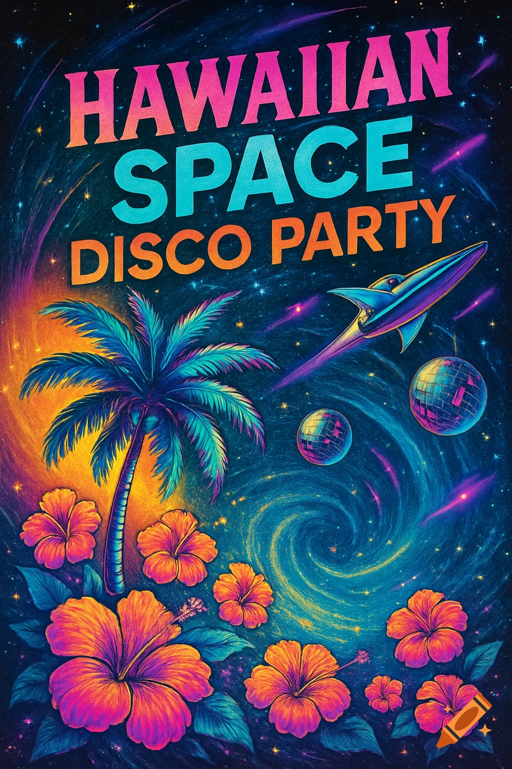 A vibrant poster for a 'Hawaiian Space Disco Party' featuring colorful text, a palm tree, hibiscus flowers, and disco balls in a starry, swirling galaxy background.
