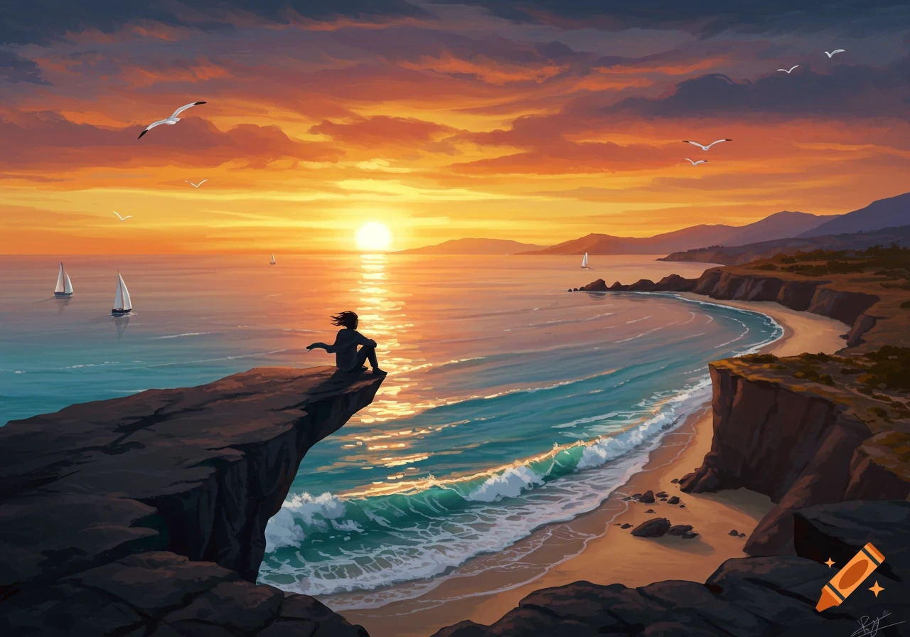 Illustrated view of a person silhouetted on a cliff edge overlooking a beach and ocean at sunset, with sailboats and seagulls.