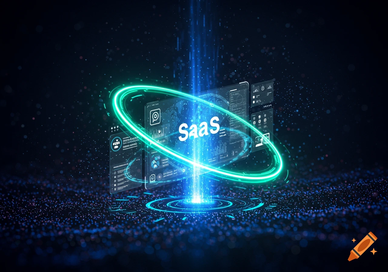 Digital rendering of 'SaaS' with a glowing green aura, a blue light beam, and data screens on a dark, pixelated background.