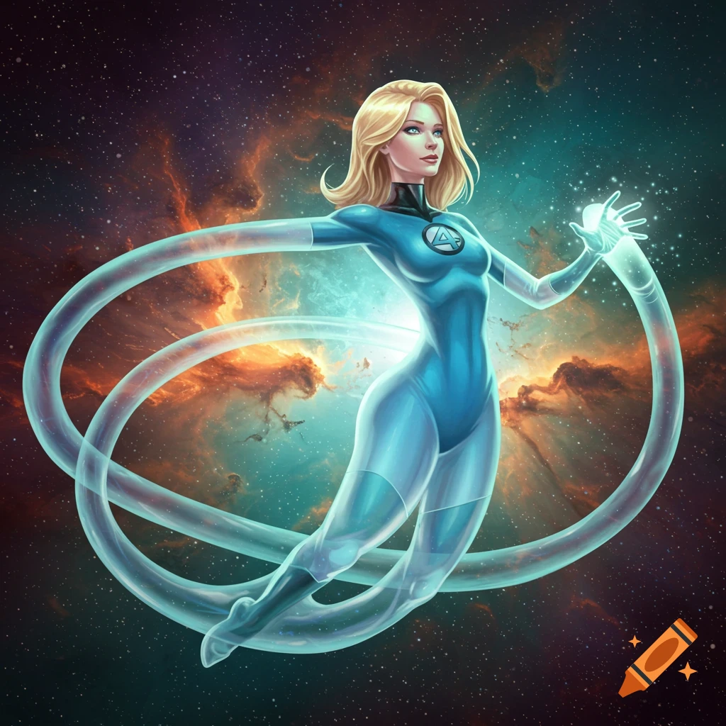 Invisible Woman with elongated, glowing, translucent arms floats against a vibrant cosmic background in a detailed comic art style.