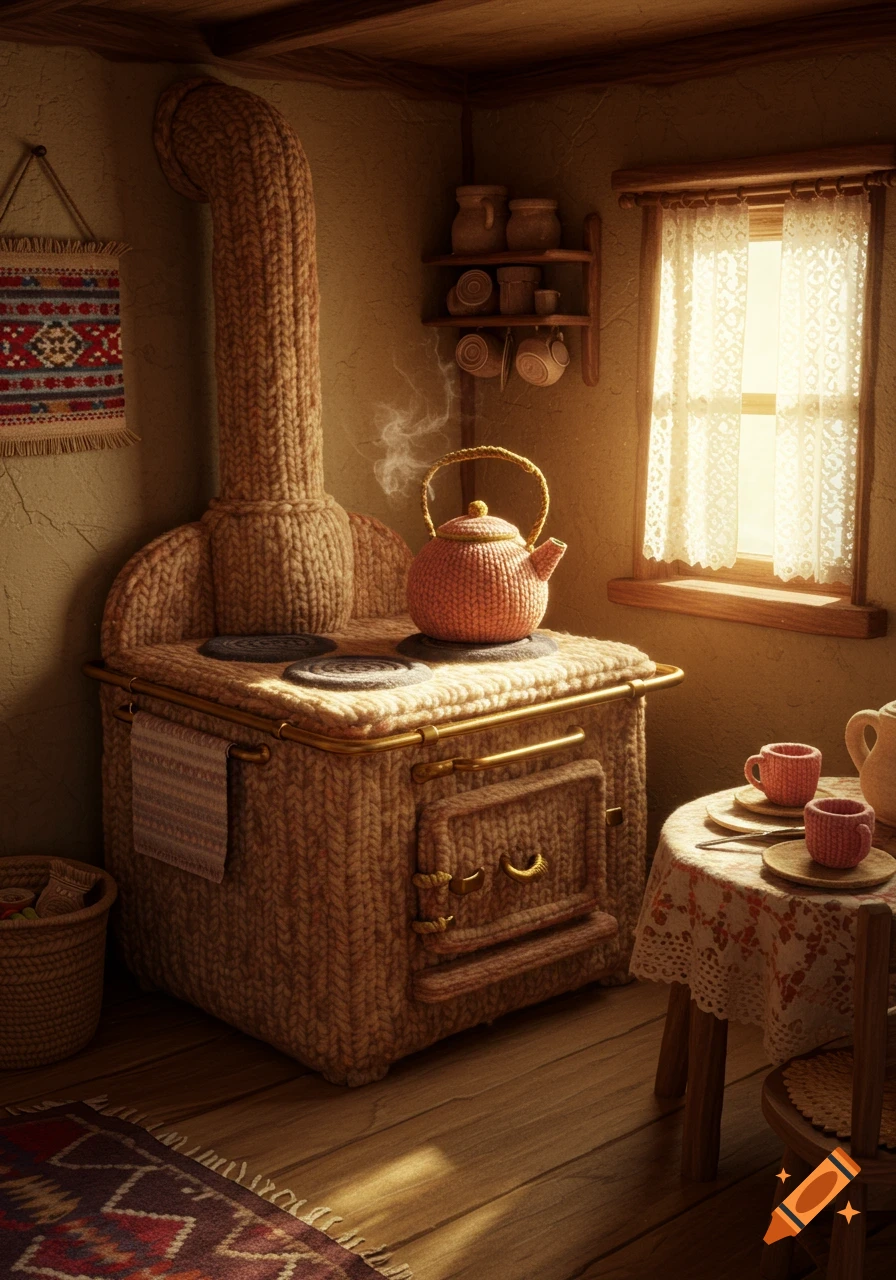 Cozy, detailed interior scene with a large knitted stove, a steaming teapot, and a table with knitted teacups by a sunlit window.