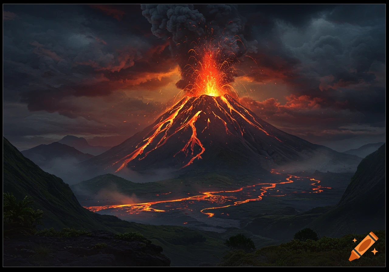 A dramatic volcanic eruption with bright orange lava flowing down the mountain and across the dark landscape under a stormy, reddish sky.