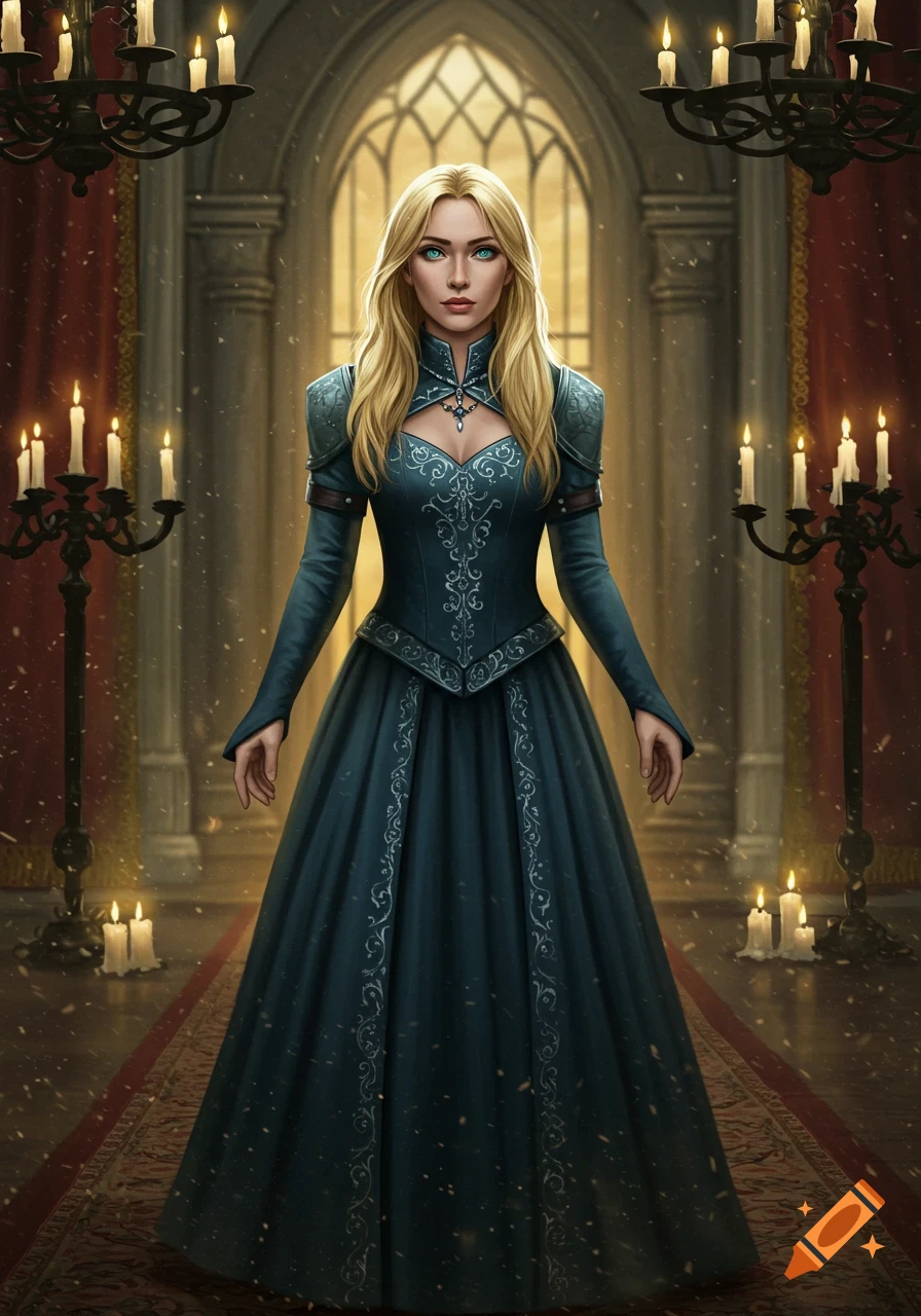 A blonde woman with blue eyes in a teal fantasy gown stands in a candlelit gothic hall.