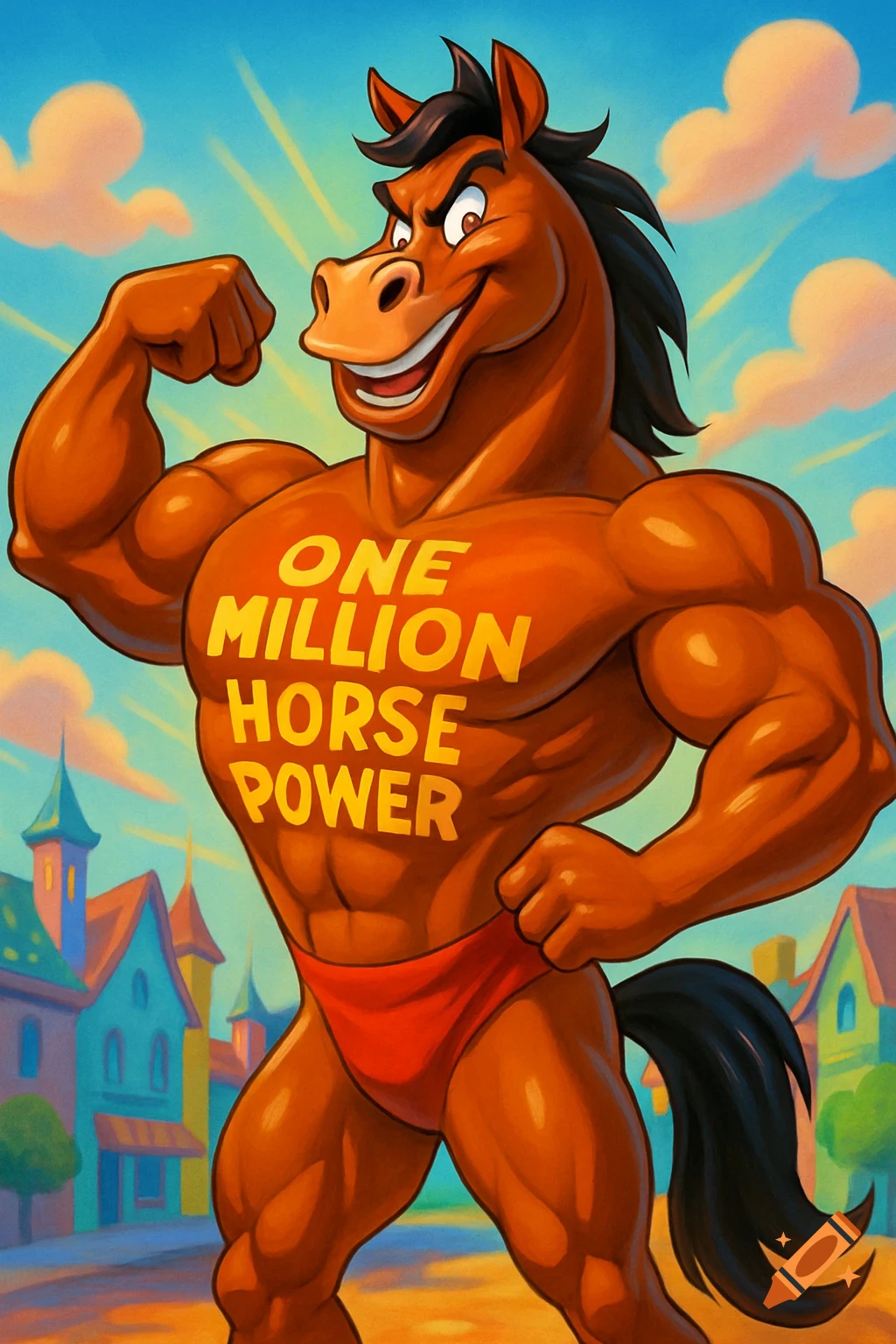 A muscular anthropomorphic horse in red briefs flexes his arm, with 'ONE MILLION HORSE POWER' written on his chest, in a vibrant 2D animation style.