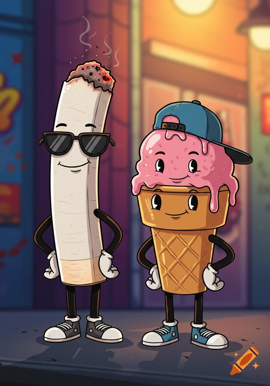 Cartoon cigarette with sunglasses and an ice cream cone with a baseball cap stand on a city street at dusk.