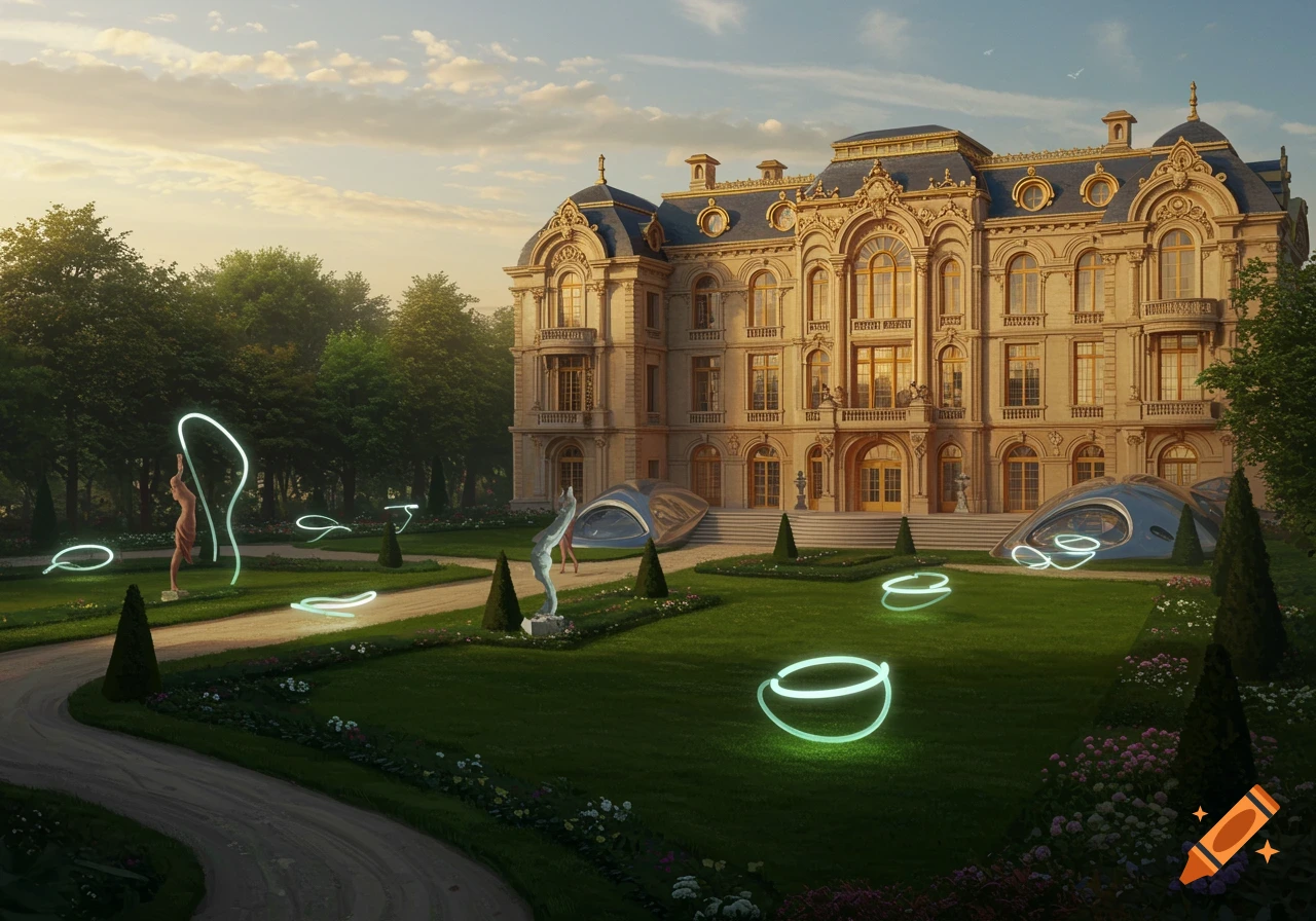 A grand classical mansion stands in a lush garden with glowing neon rings and modern sculptures at sunset.