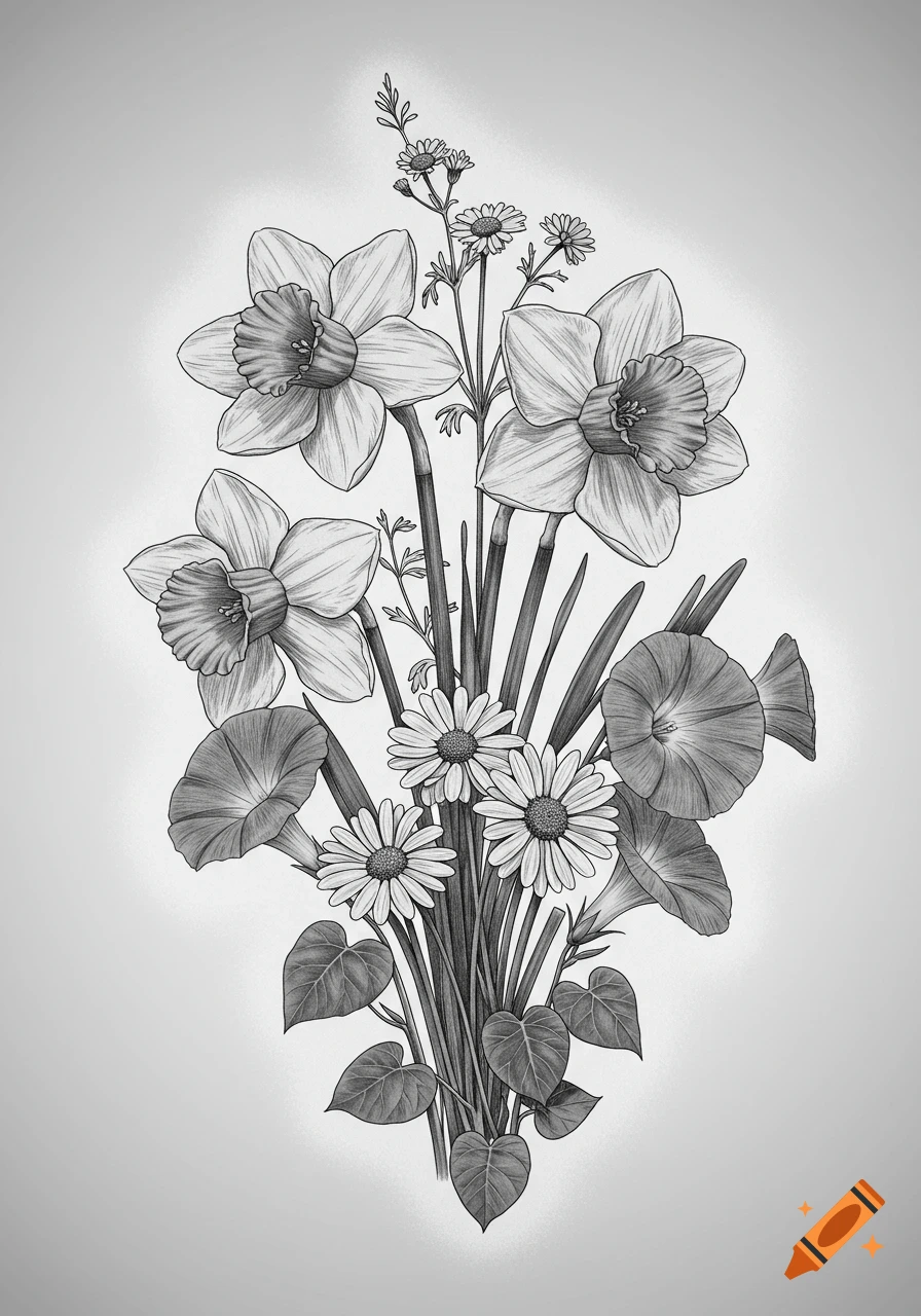 Black and white illustration of a bouquet with daffodils, morning glories, and daisies.