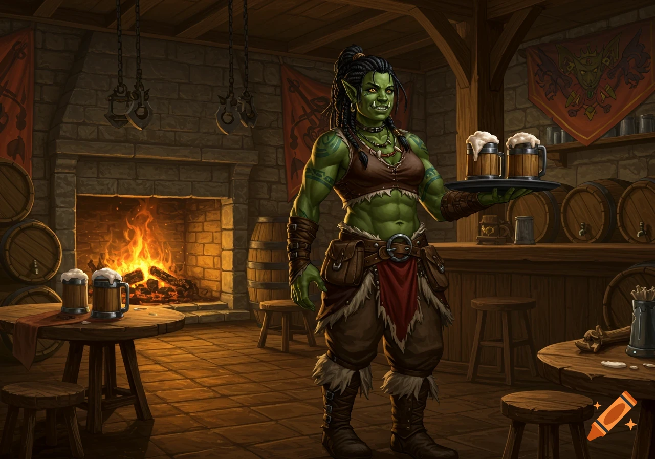 A green-skinned female orc innkeeper stands in a cozy, torchlit tavern, holding a tray with two frothing mugs of beer.