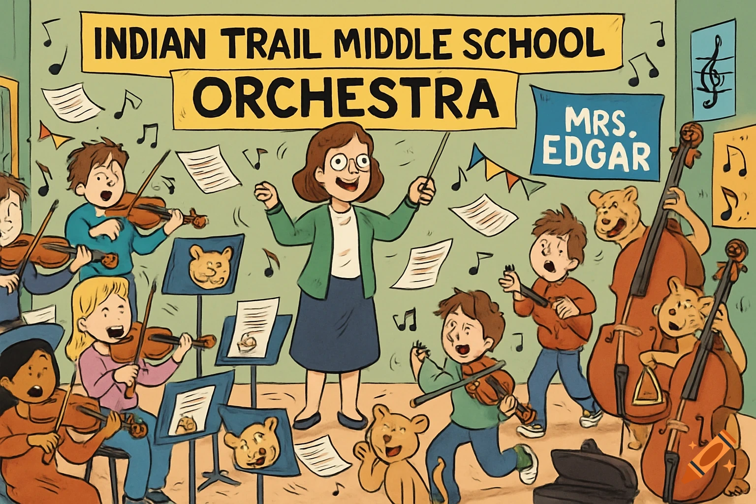 A whimsical cartoon shows a chaotic middle school orchestra rehearsal with children playing instruments, a teacher conducting, and cartoon cougars hidden throughout.