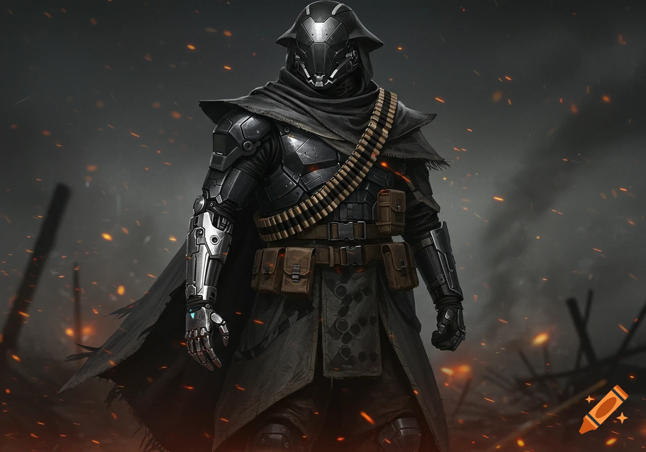 A dark armored futuristic soldier with a cloak, ammo belt, and silver bionic arm stands in a smoky, fiery battlefield.
