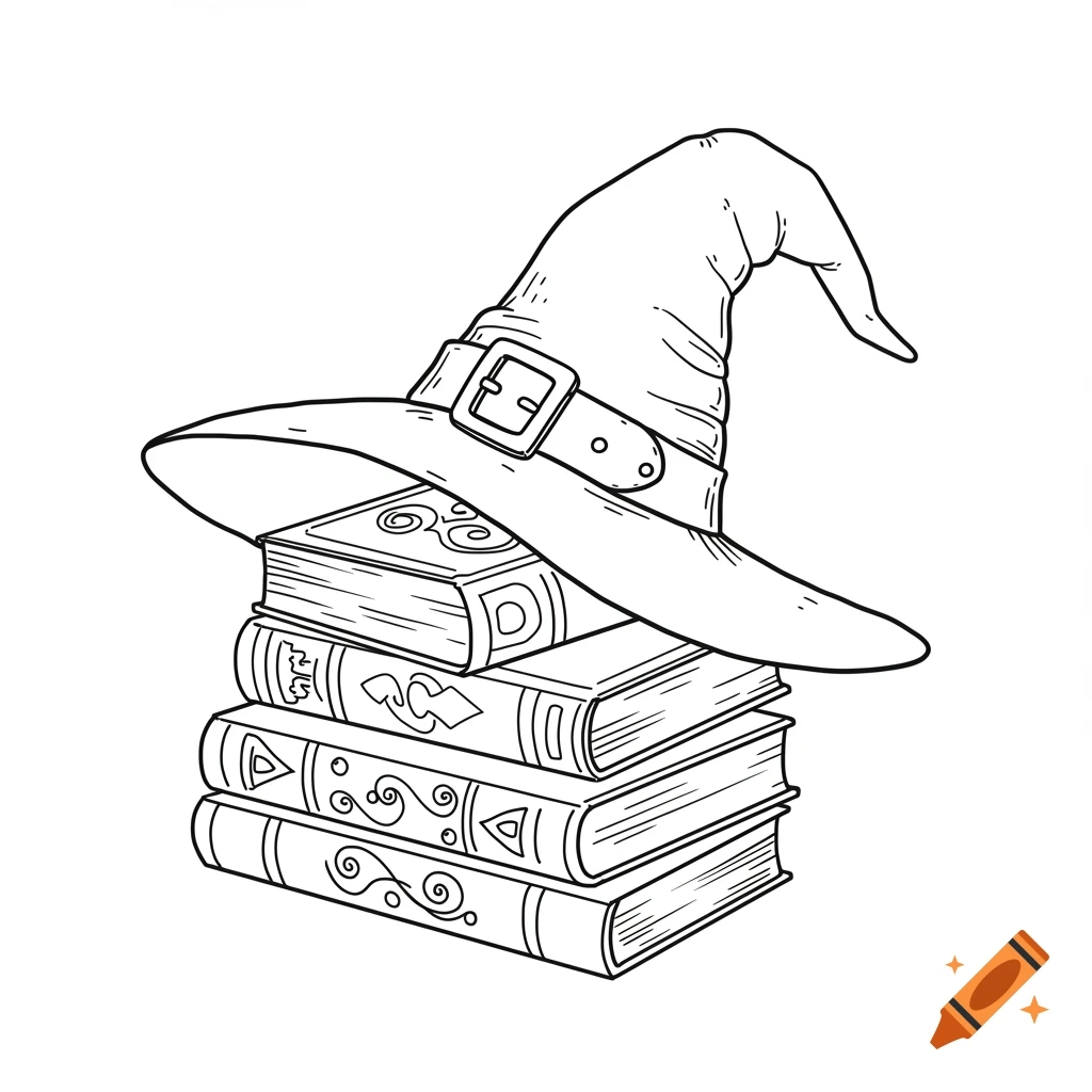 Black and white line art drawing of a witch hat on top of a stack of spell books.