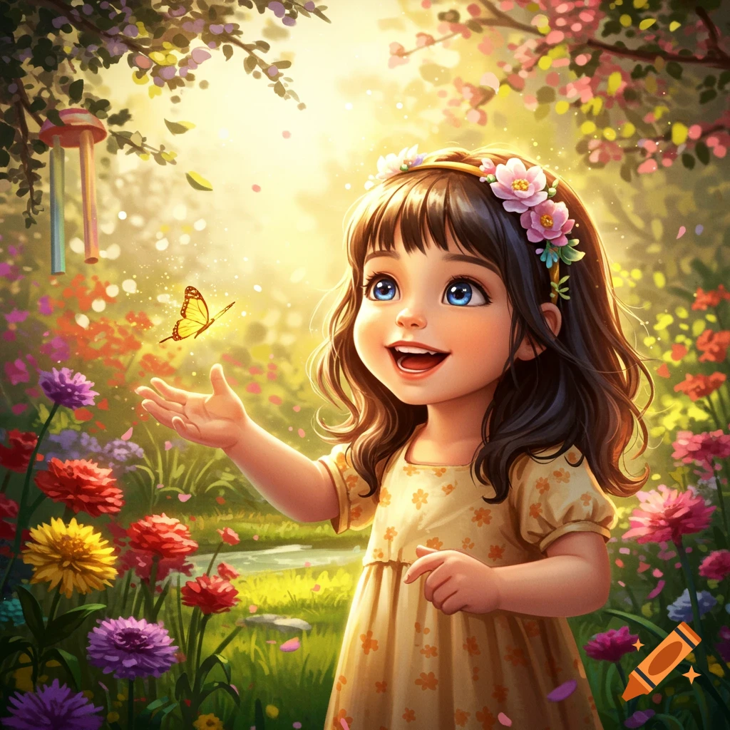 An illustrated cute young girl with flowers in her hair, looking up at a butterfly in a sunny, whimsical flower garden.