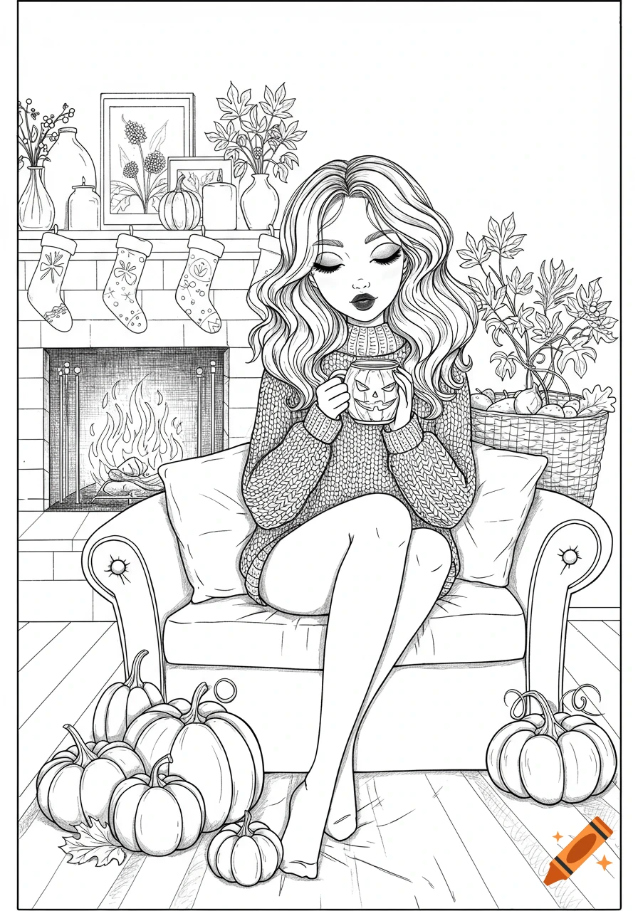 Black and white line art of a girl sitting on a couch by a fireplace, holding a pumpkin mug, with pumpkins and fall decor.