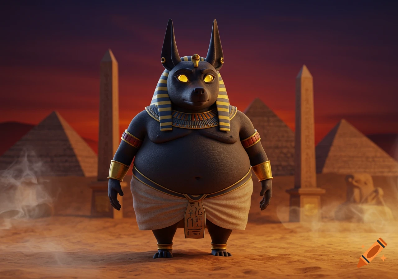 A stylized, chubby Anubis stands in the desert with pyramids and an obelisk under a dramatic sunset sky. The character is dark-skinned with golden accents and glowing eyes.